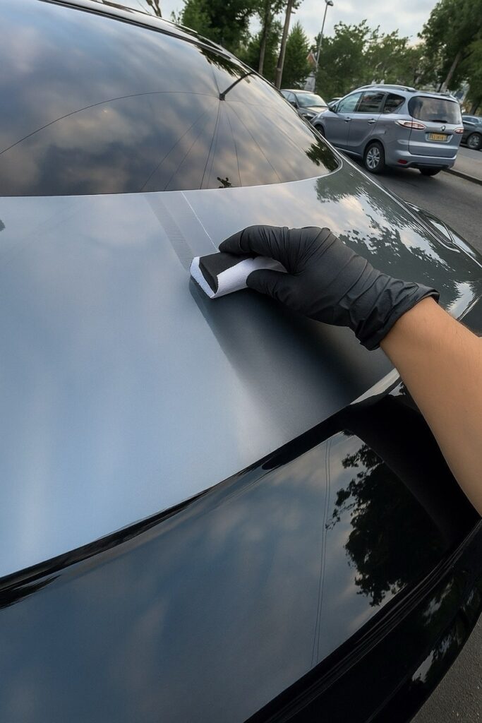 Technician applying ceramic coating during premium car detailing service