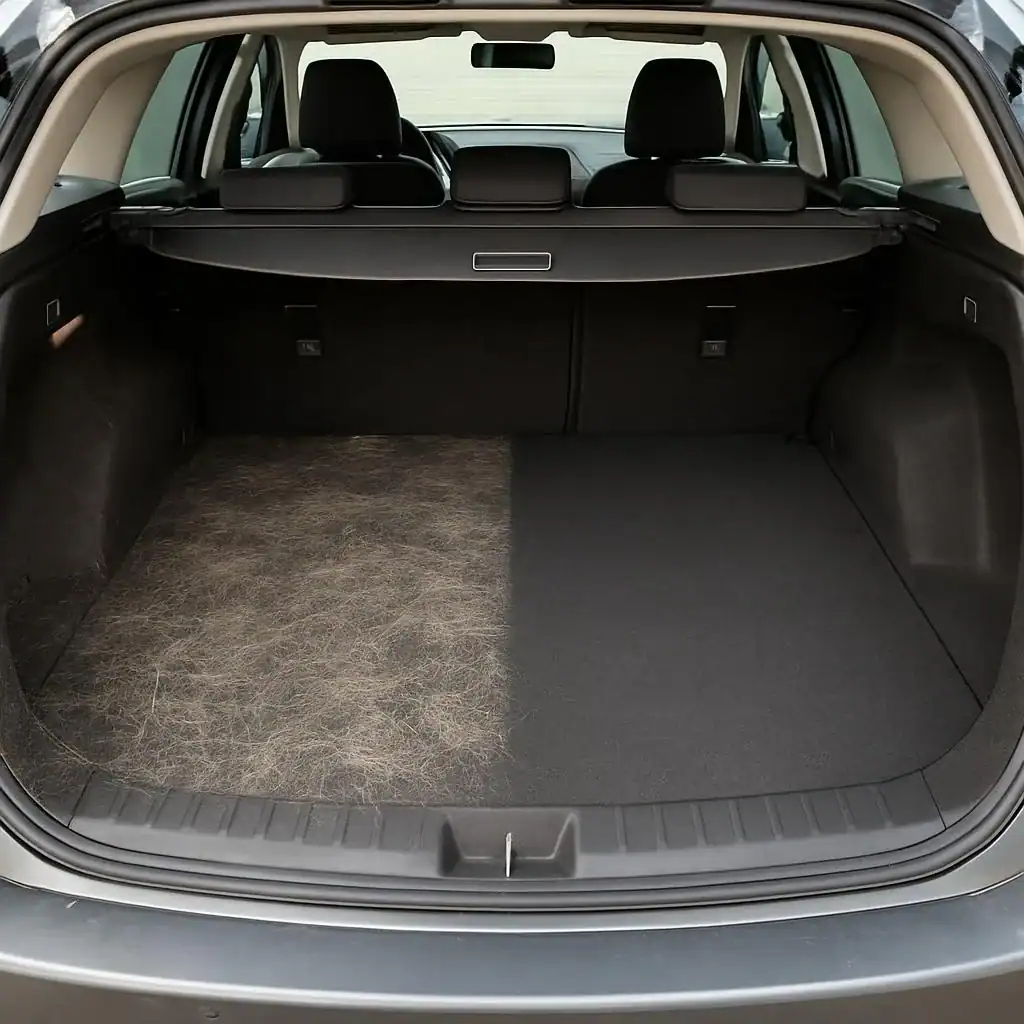 half and half of a car boot showing a clean side and a side full of pet hair in Croydon