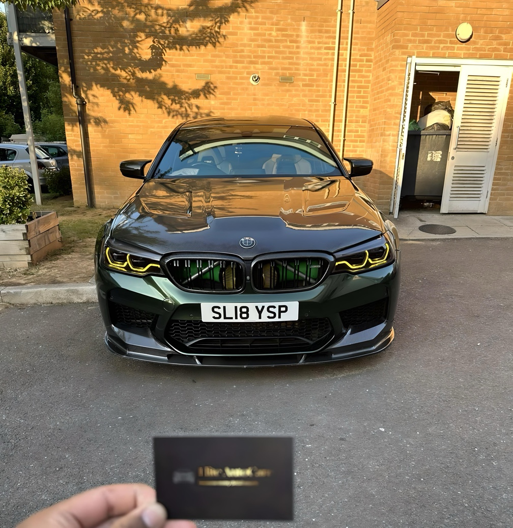 Green BMW M5 exterior with glossy, polished finish after professional detailing in Croydon